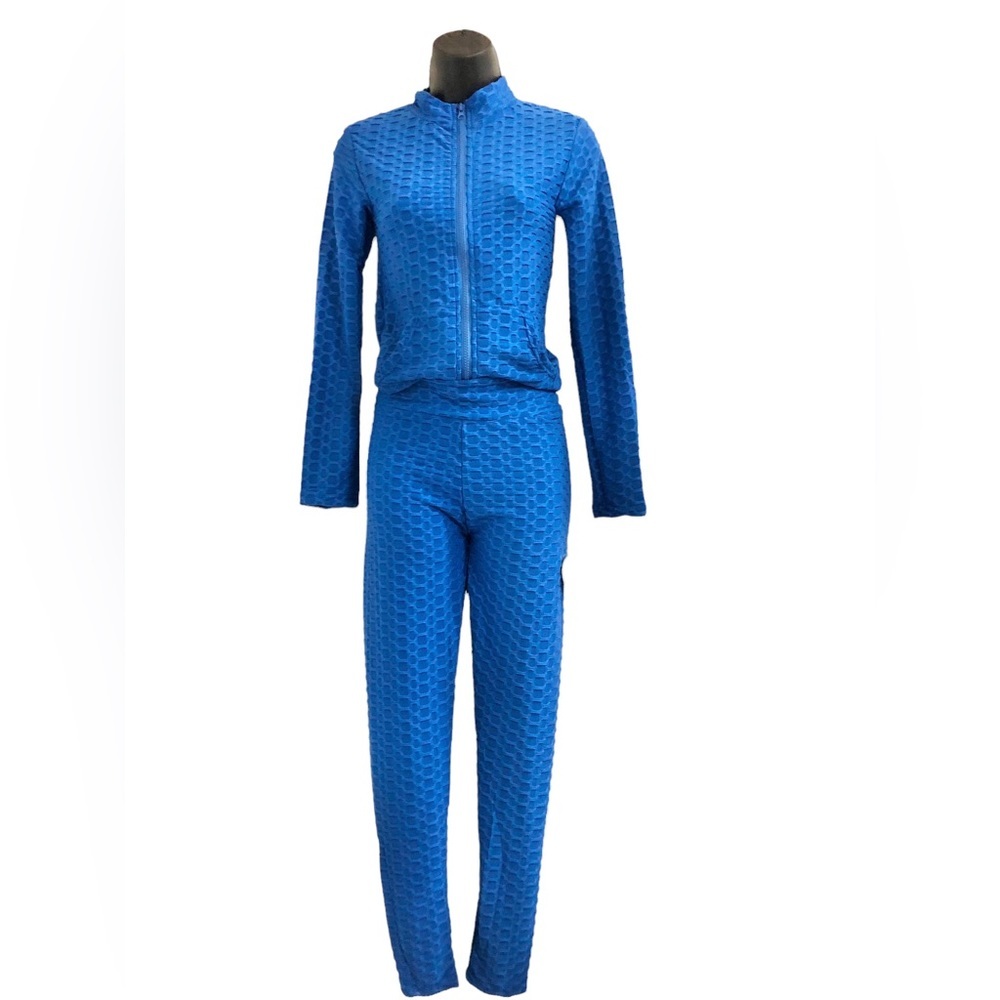 Blue waffle texture zip up jacket &‎ booty sculpt contour legging set size small
